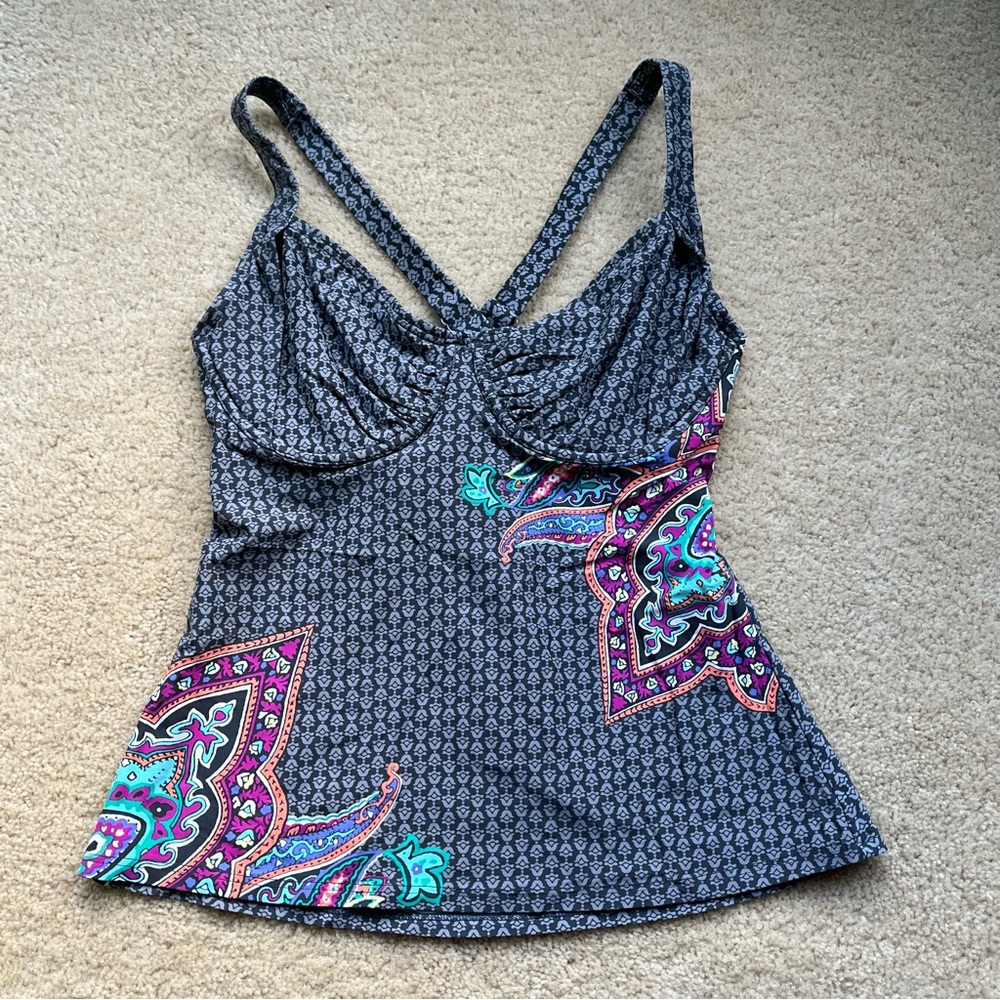 Title Nine Women's Swim Tankini Top in Navy with Teal & Magenta Paisley